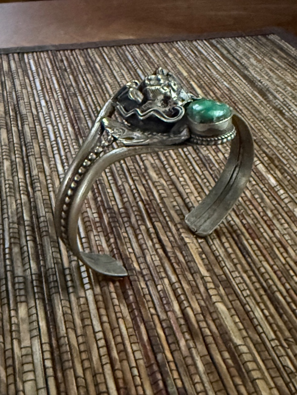 Tibetan Dragon Turquoise Cuff Bracelet Silver Metal Antique Vintage Artisan - Picture 11 of 12